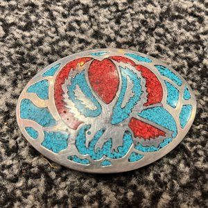 Grandpas Pawn Old 3 1/2” Vintage Turquoise & Coral Inlay Eagle Belt Buckle Clean